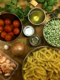 Ingredients for Fusilli with Peas, Shrimp and Cherry Tomato